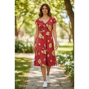 Toad&Co Womens XL Red Floral Tencel Organic Cotton V-Neck Midi Dress Cap Sleeve